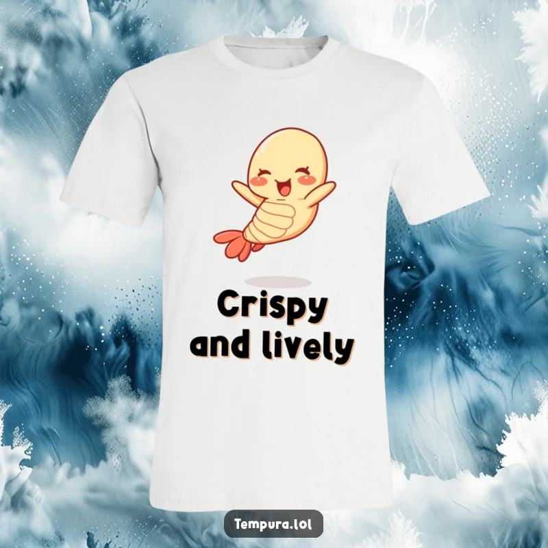 Funny tempura shrimp t-shirt featuring a dynamic, jumping shrimp character in a playful pose.