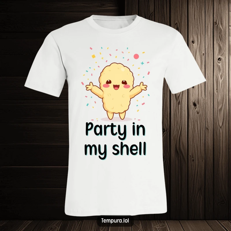 Funny t-shirt showing a Kawaii tempura shrimp character with arms outstretched, embracing a shower of confetti.
