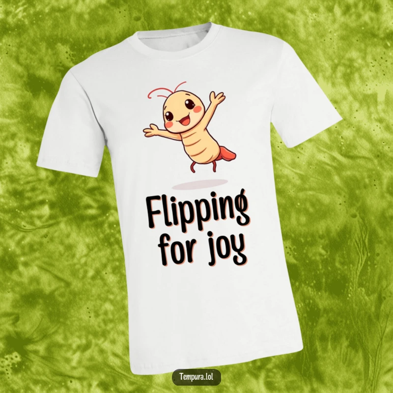 Funny t-shirt showing a Kawaii tempura shrimp character doing a cheerful, energetic dance.