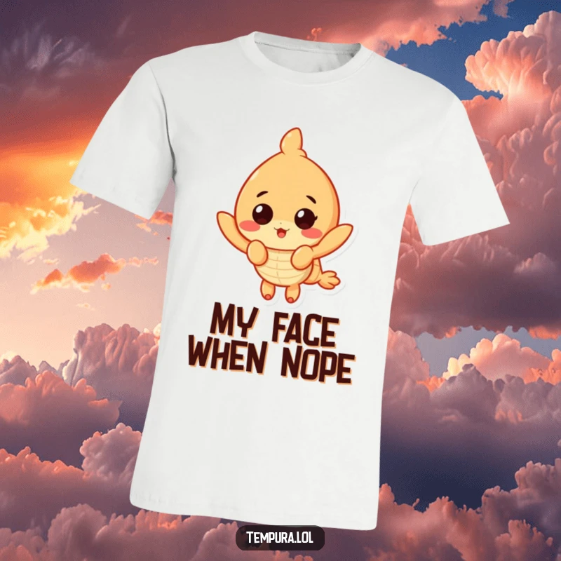 Funny Surprised Shrimp T-Shirt: A tempura shrimp shows a comically shocked expression, perfect for lovers of funny food designs.
