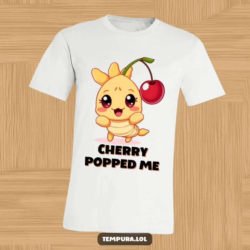 Funny Tempura Shrimp T-Shirt: A character with wide, shocked eyes reacting comically to a floating cherry, embodying surprise.