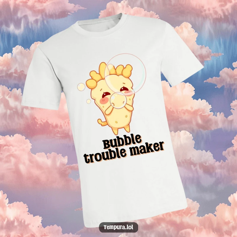 Funny tempura character in mid-boil, playfully blowing a massive, transparent bubble, a humorous and eye-catching tee.