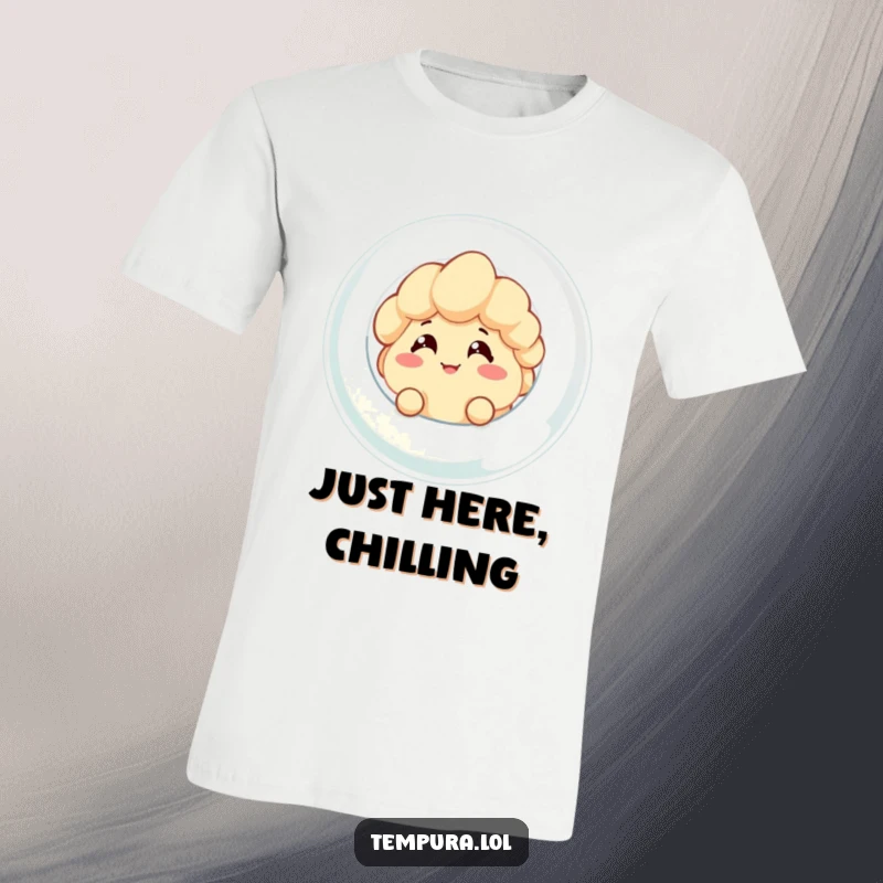 Funny graphic tee featuring a tempura character with a cheeky grin peeking from a giant bubble, perfect for a humorous gift.