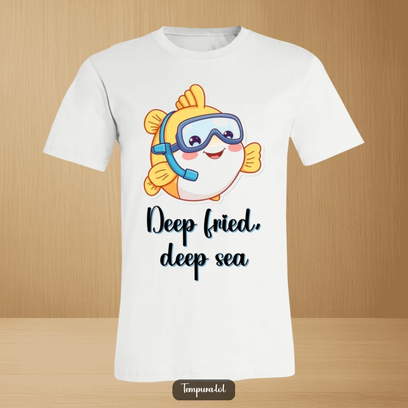 Funny tempura fish wearing a tiny snorkel, smiling cheerfully, a playful design for a humorous t-shirt, great funny gift.