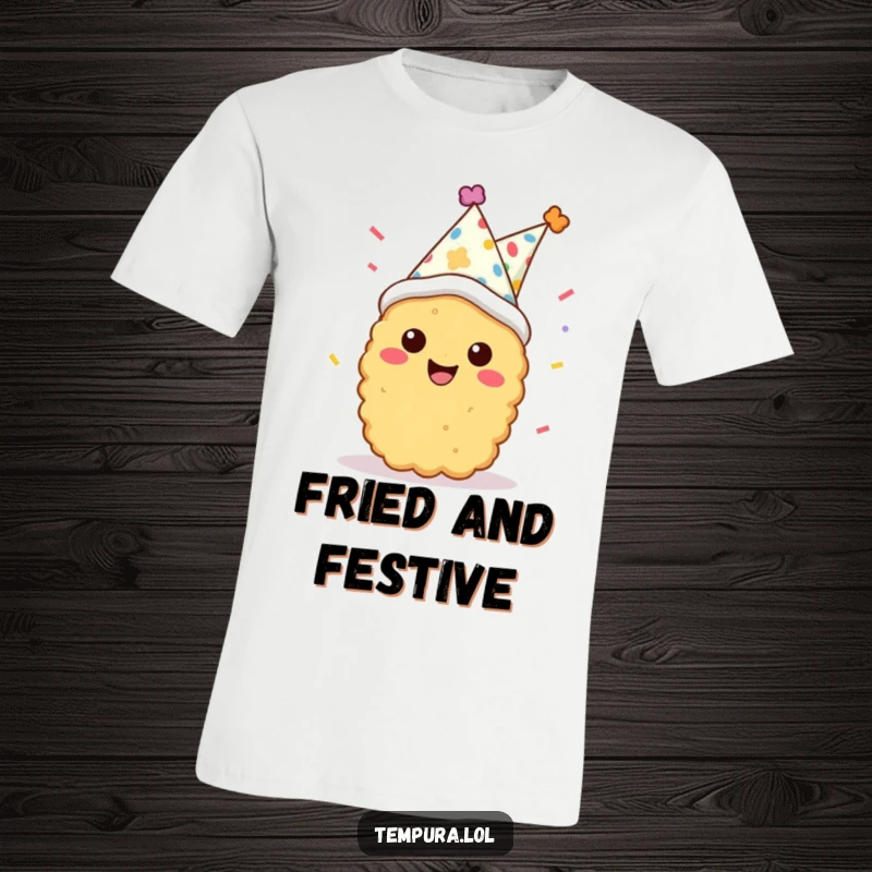 Funny tempura character wearing a party hat and confetti, radiating joy on a comfortable t-shirt, ideal for festive occasions.