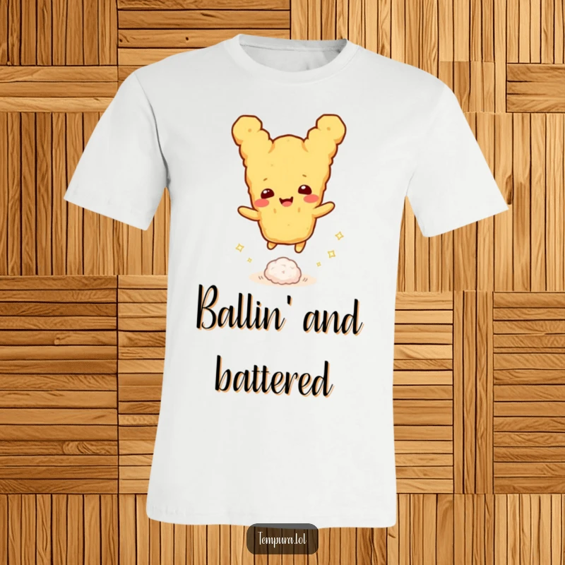 Funny tempura character energetically bouncing a small sparkling rice ball, showcasing happiness, perfect for a funny t-shirt.