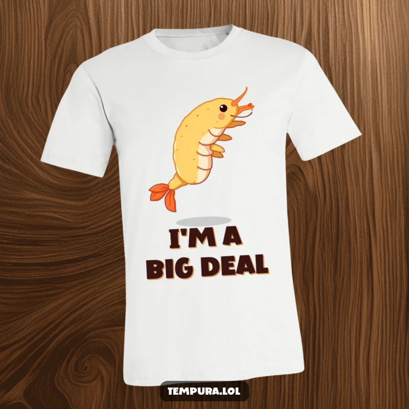 Funny Tempura Shrimp T-Shirt: A crispy shrimp performs a cartwheel, showcasing a hilarious and action-packed food design.