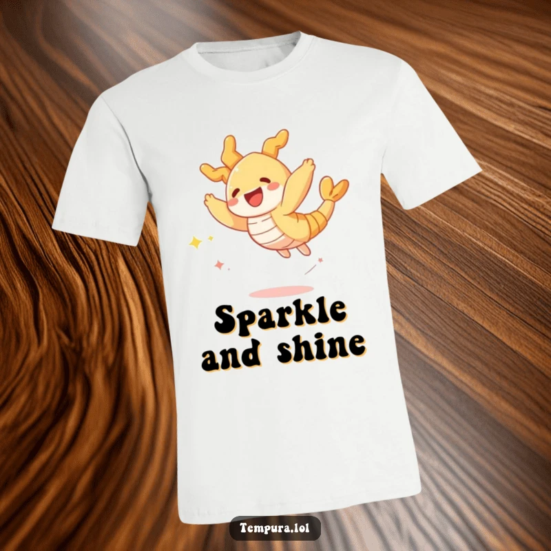 Funny t-shirt with a crispy tempura shrimp character mid-leap, trailing sparkles, capturing a moment of pure, fried delight.