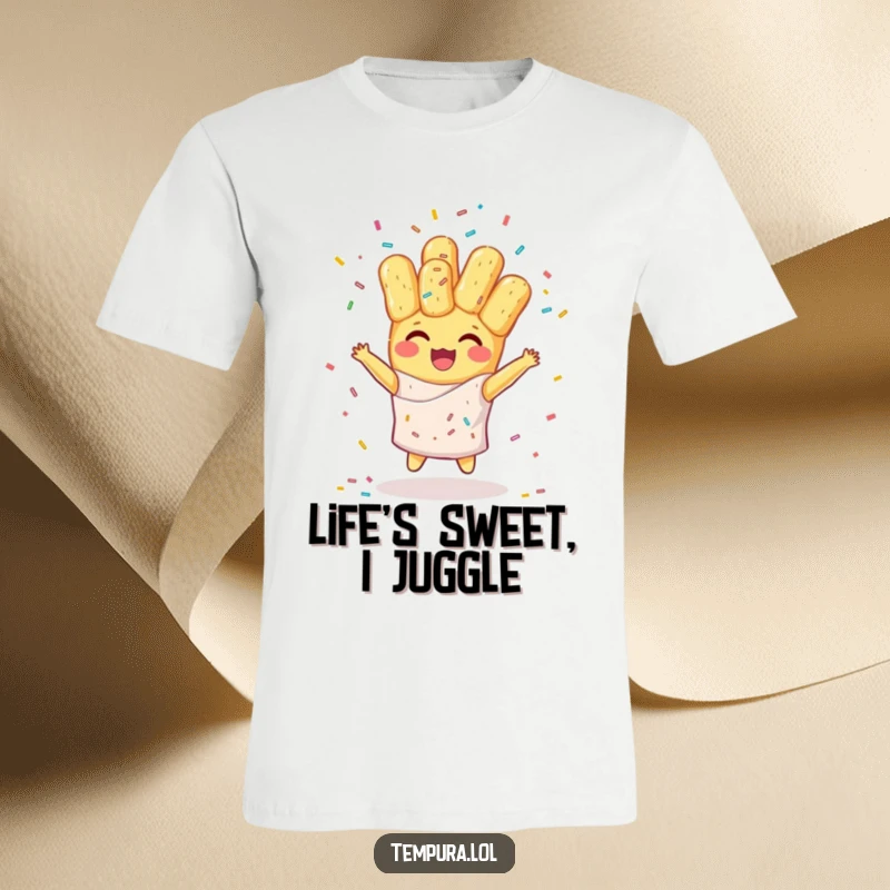 Funny t-shirt depicting a happy tempura character enthusiastically juggling colorful sprinkles, ideal for a playful and humorous gift.
