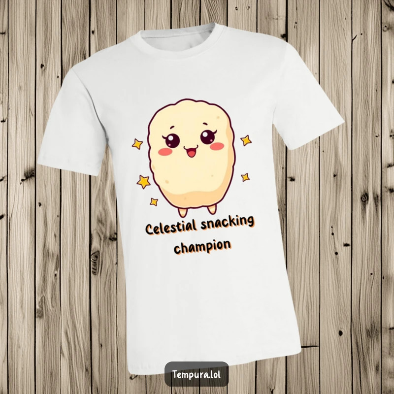 Funny T-Shirt showcasing a charming tempura character gleefully juggling small, luminous stars.