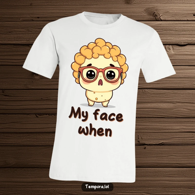 Funny tempura character wearing comically large, crooked glasses, eyes popping in utter surprise, a hilarious t-shirt.