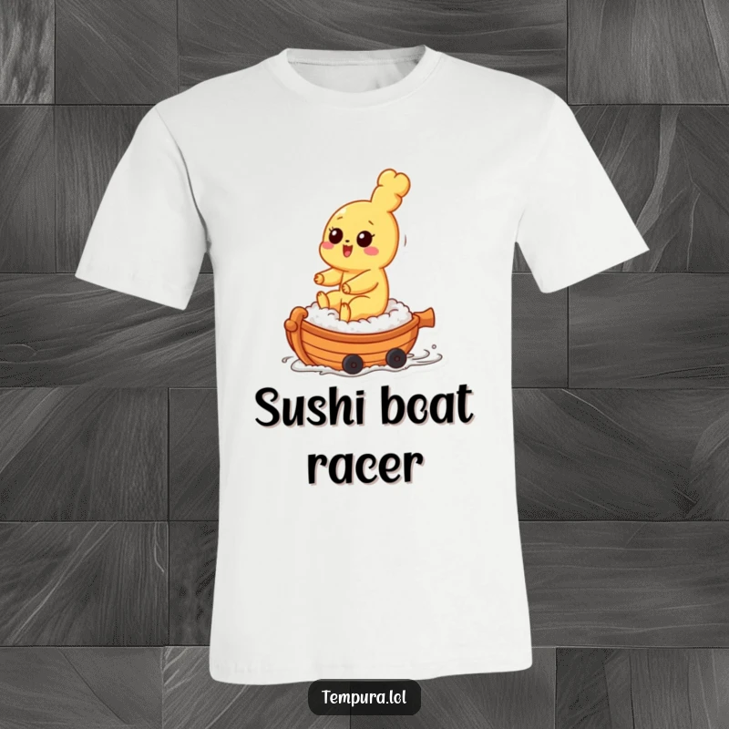 Funny tempura character joyfully riding a small sushi boat, captured on a comfortable t-shirt, celebrating culinary fun.