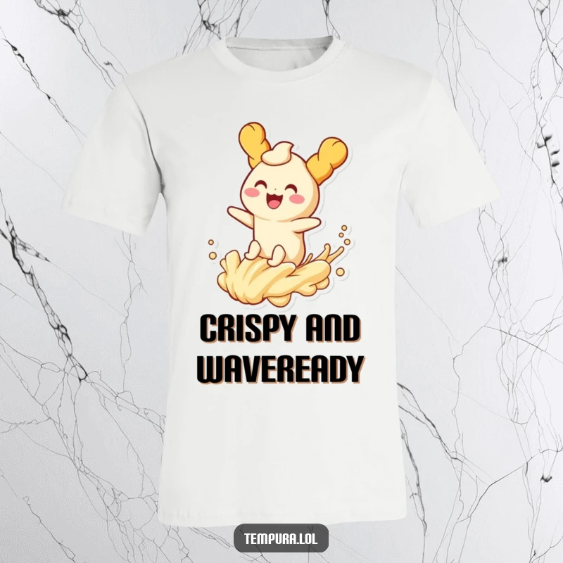 Funny tempura character joyfully riding a playful wave of batter on a T-shirt, embodying pure, delicious fun.