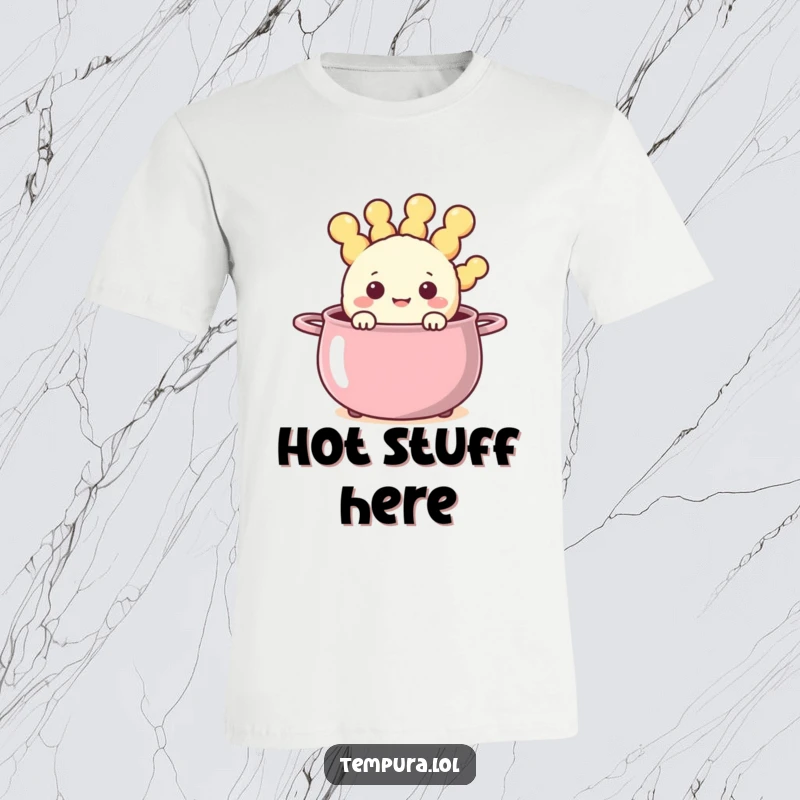 Funny happy tempura character peeking out from a steaming, cheerful pot on a T-shirt, embodying cozy fun.