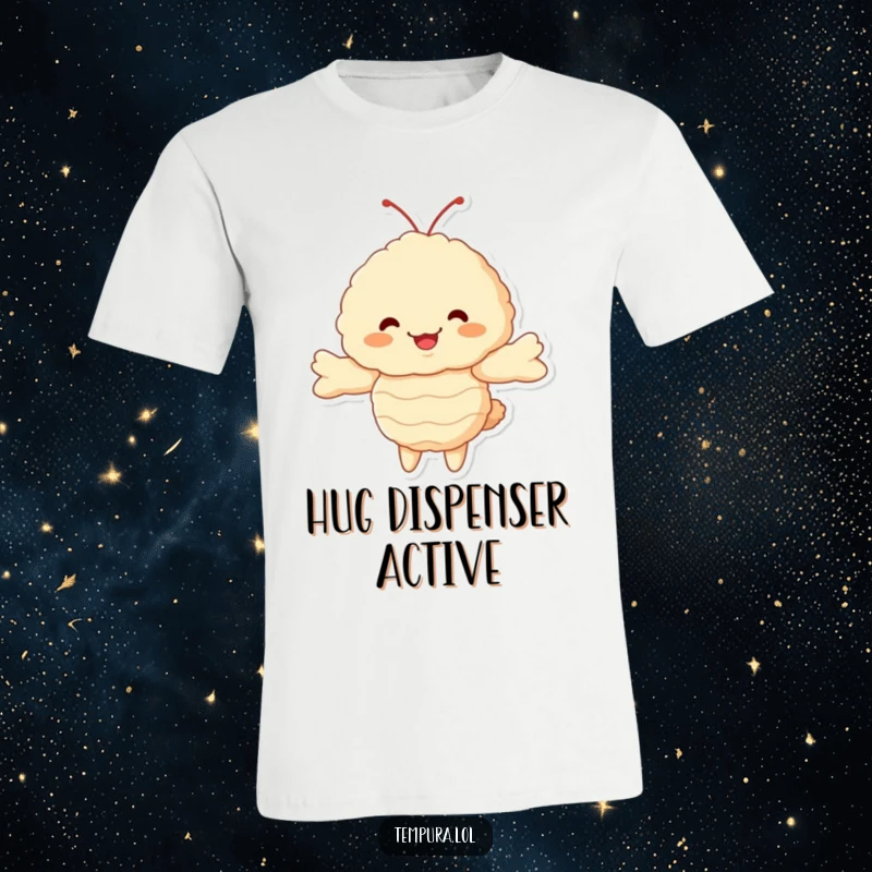 Funny Tempura Shrimp T-Shirt: A cute, fluffy ebi character with arms outstretched, radiating warmth and an eagerness to hug.