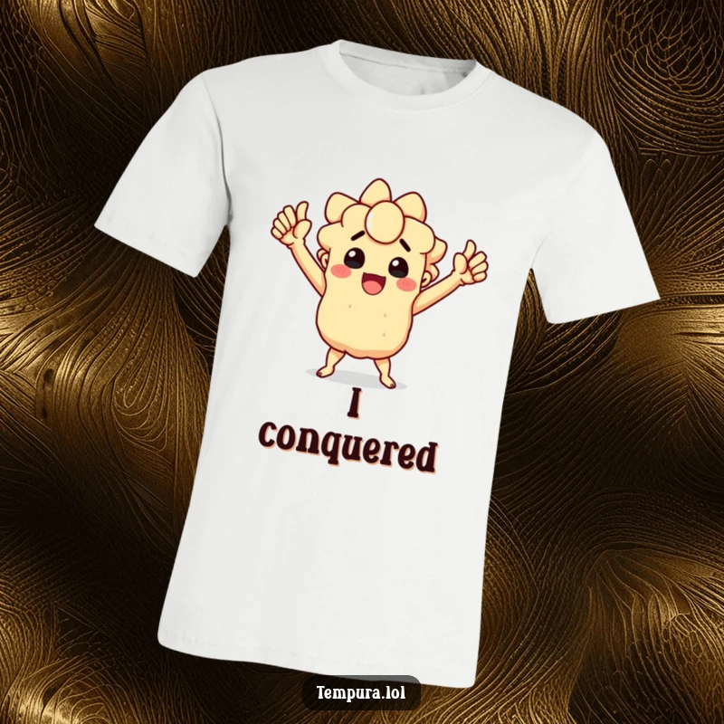 Funny t-shirt featuring a tempura character striking an exaggerated, triumphant pose, celebrating a humorous victory.