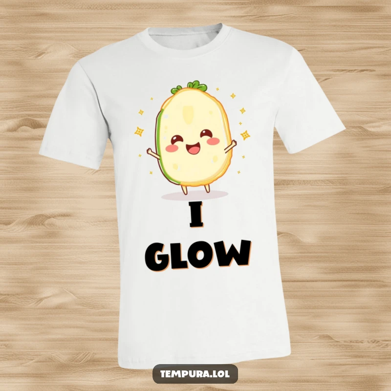 Funny Sparkling Veggie Slice T-Shirt: A jubilant tempura vegetable slice actively juggling glowing sparkles, radiating pure delight.