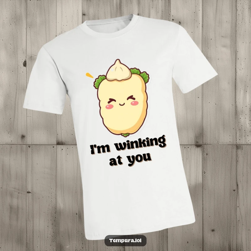 Funny tempura vegetable winking on a t-shirt, displaying a cool and humorous food character for casual wear.