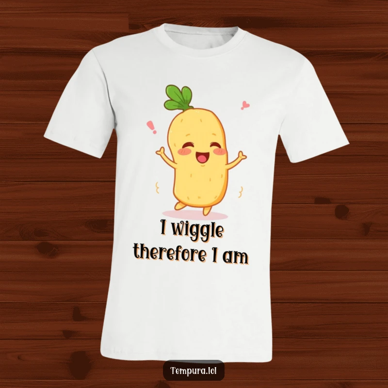Funny Wiggling Veggie T-Shirt: A happy tempura vegetable character wiggles with glee, showcasing a fun and wholesome food design.