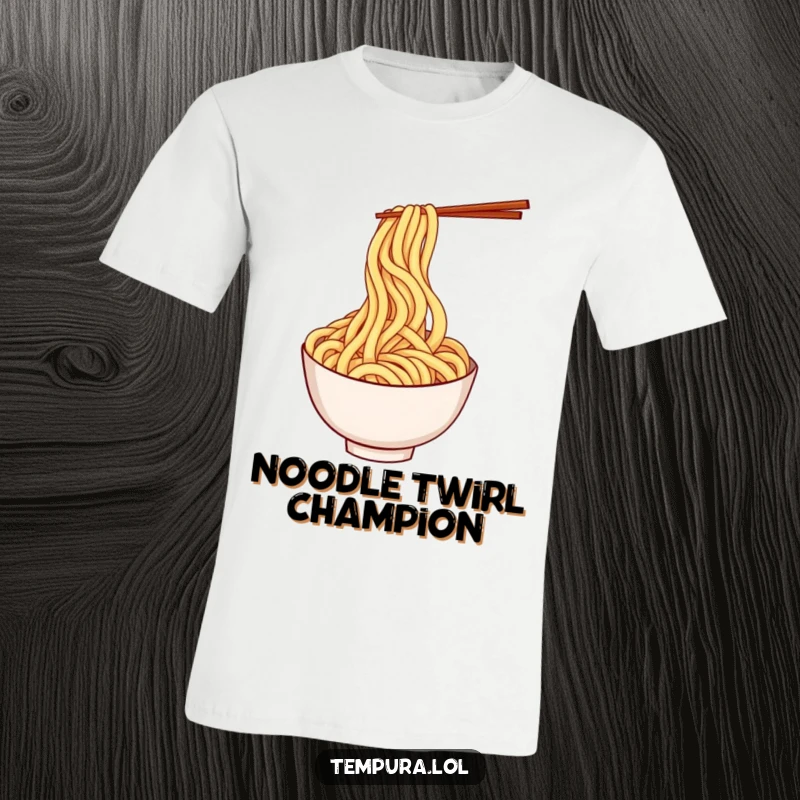 Funny tempura udon noodle t-shirt showcasing a playful, twirling noodle character in a vibrant design.