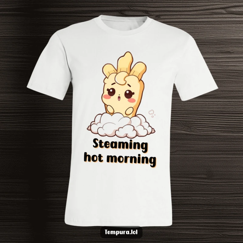 Funny t-shirt depicting a tempura character with a surprised wink emerging from steam, ideal for a humorous and eye-catching gift.