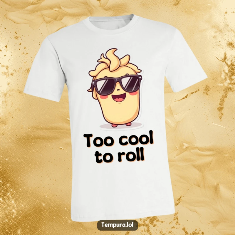 Funny t-shirt featuring a tempura roll character rocking sunglasses with a broad, beaming smile, looking incredibly cool.