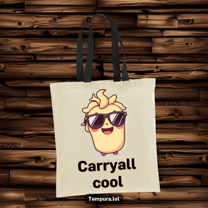 Funny tote bag featuring a tempura roll character wearing sunglasses and smiling broadly, perfect for stylish errands.
