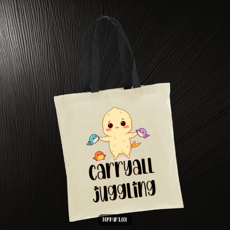 Funny tempura tote bag with a tempura character skillfully juggling three small sea creatures, showcasing performance art and carrying capacity.