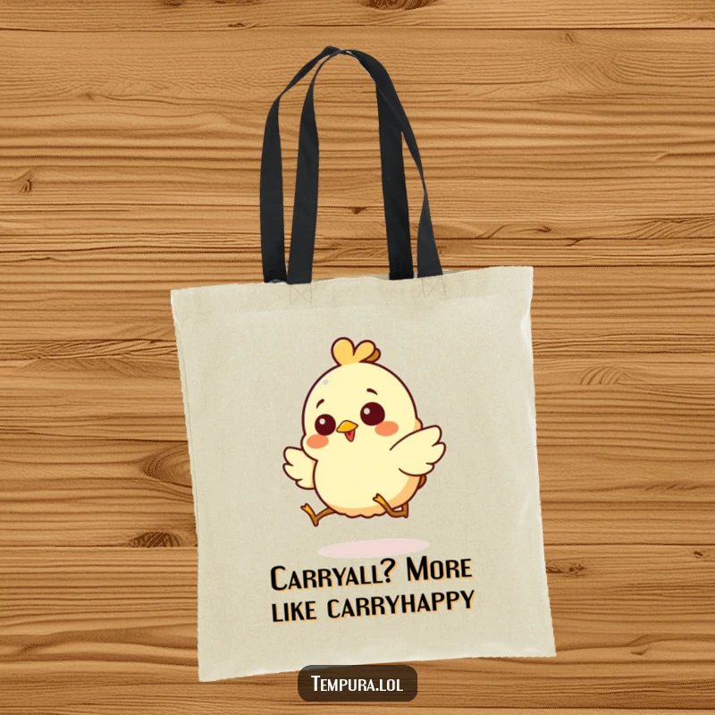 Funny tote bag featuring a giggling chicken tempura character in a comical, energetic hop, perfect for errands.