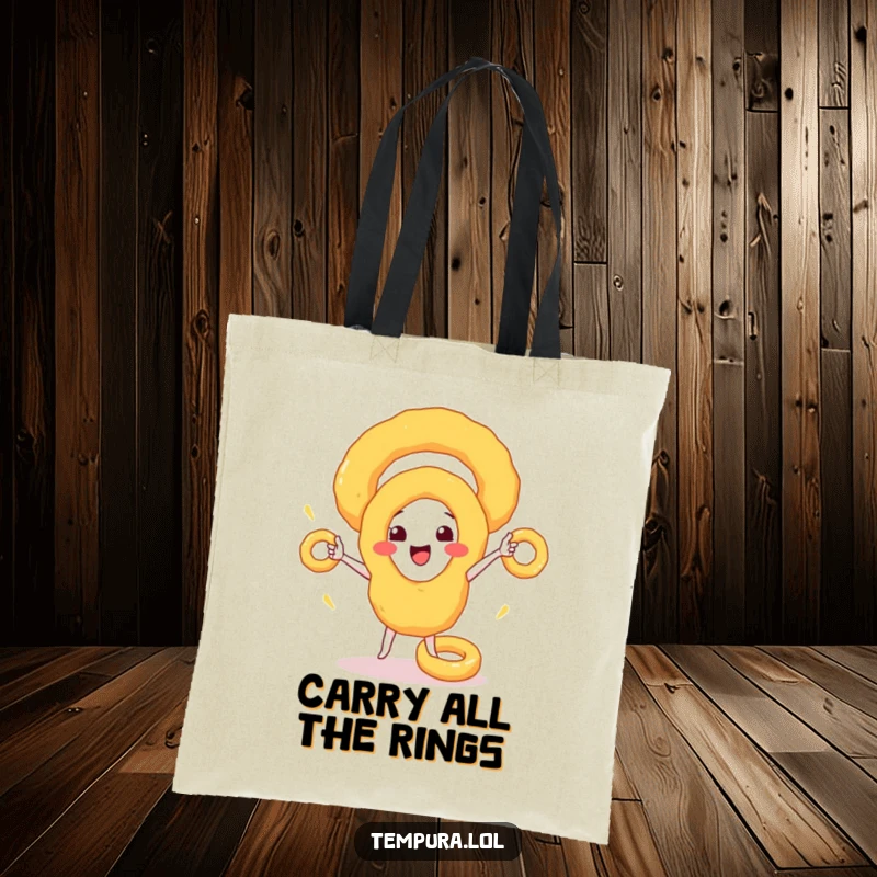 Funny Tote Bag: A happy tempura onion ring juggling smaller rings, ideal for a humorous and practical carry-all.