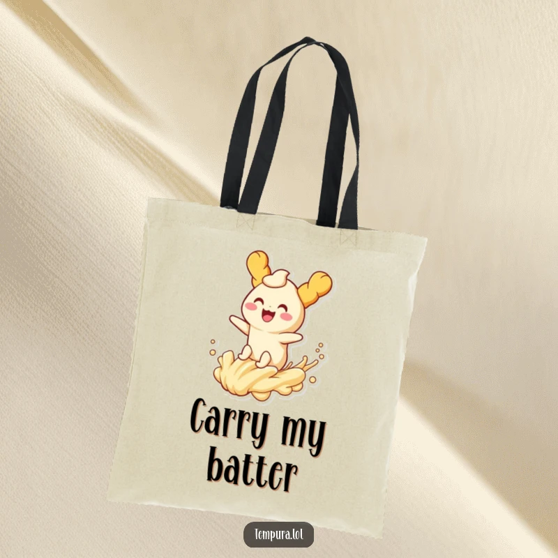 Funny tempura character joyfully riding a playful wave of batter on a durable tote bag, ready for adventure.