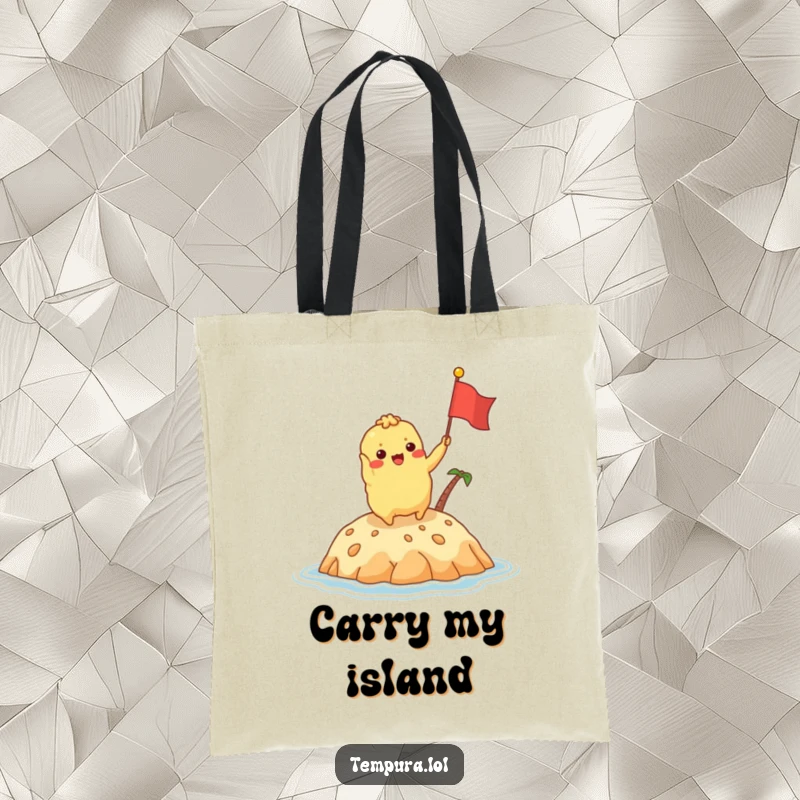 Funny tempura character excitedly waving a tiny flag on a delicious island on a tote bag, ready for any journey.