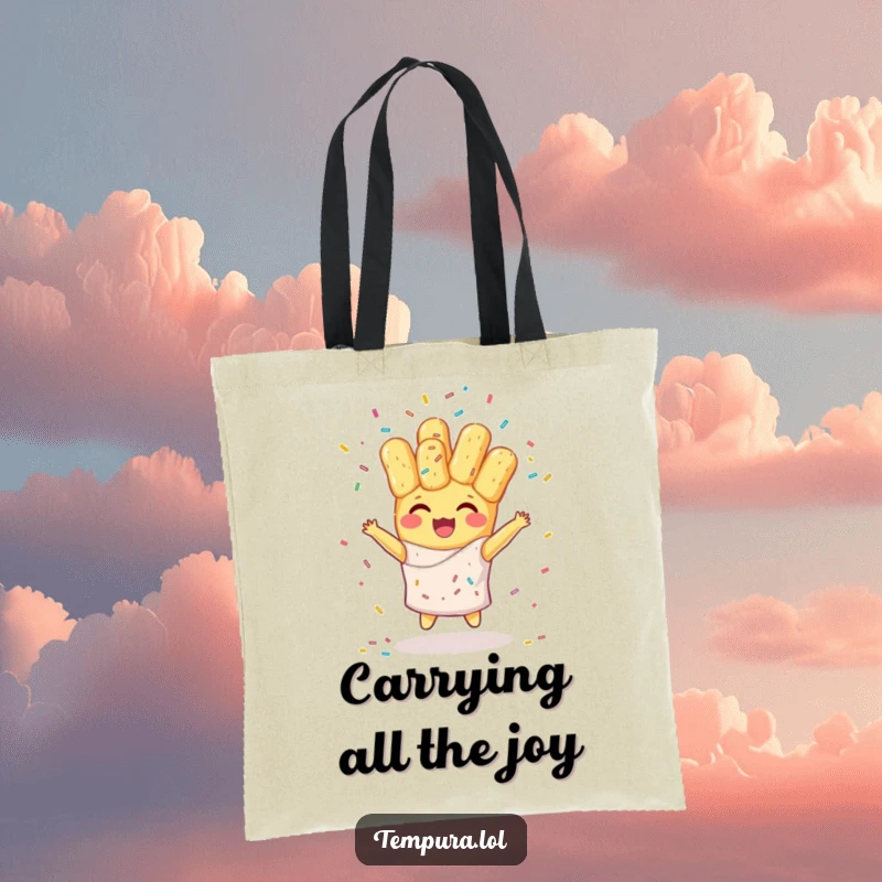 Funny tote bag featuring a happy tempura character juggling colorful sprinkles, perfect for carrying essentials with a touch of humor.