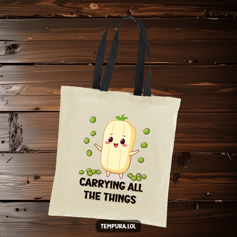 Funny Juggling Vegetable Tote Bag, illustrated juggling small peas, perfect for carrying essentials with a touch of culinary skill and humor.