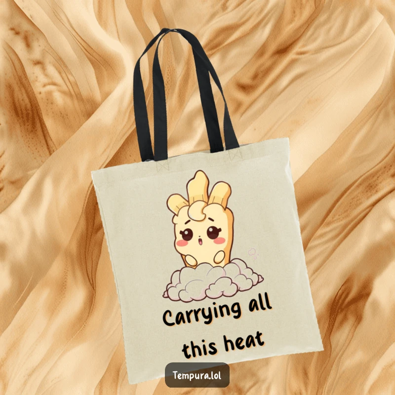 Funny tote bag featuring a tempura character with a surprised wink emerging from steam, perfect for carrying items with humor.