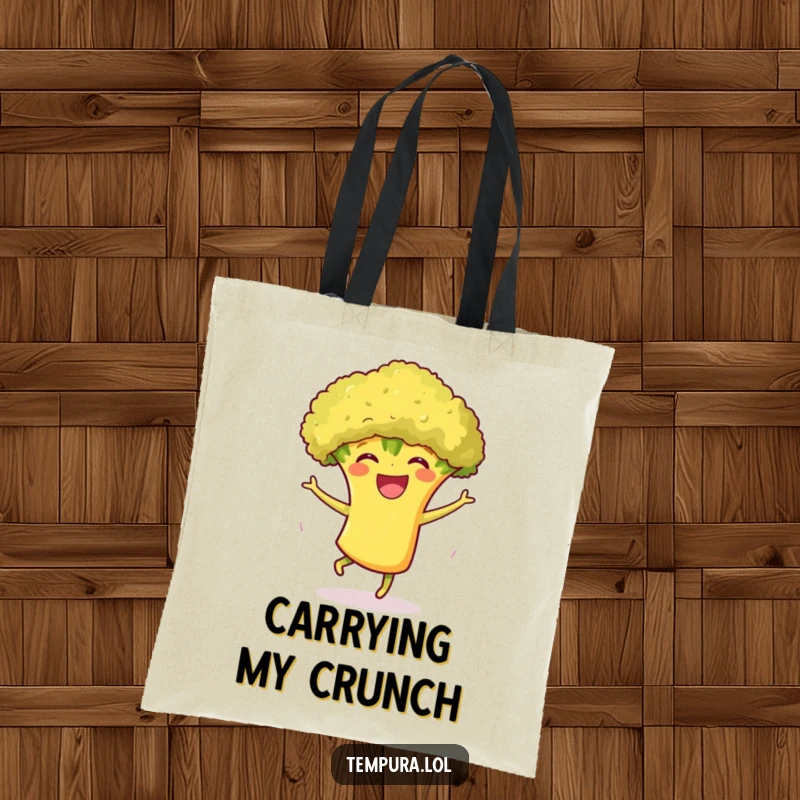 Funny Tempura Broccoli Dance Tote Bag: A delighted tempura broccoli in a playful dance, showcasing a fun and humorous design for carrying essentials.