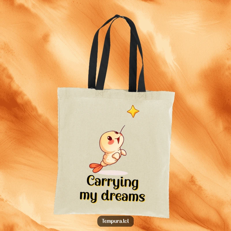 Funny tote bag with a surprised tempura shrimp character looking up at a falling star, perfect for carrying wishes.