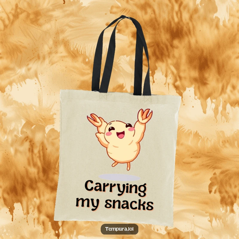 Funny Dancing Shrimp Tote Bag: A tempura shrimp with tiny legs joyfully dances, a funny and practical accessory.