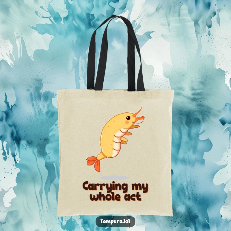 Funny Tempura Shrimp Tote Bag: A crispy shrimp doing a cartwheel, perfect for carrying groceries with a side of humor.