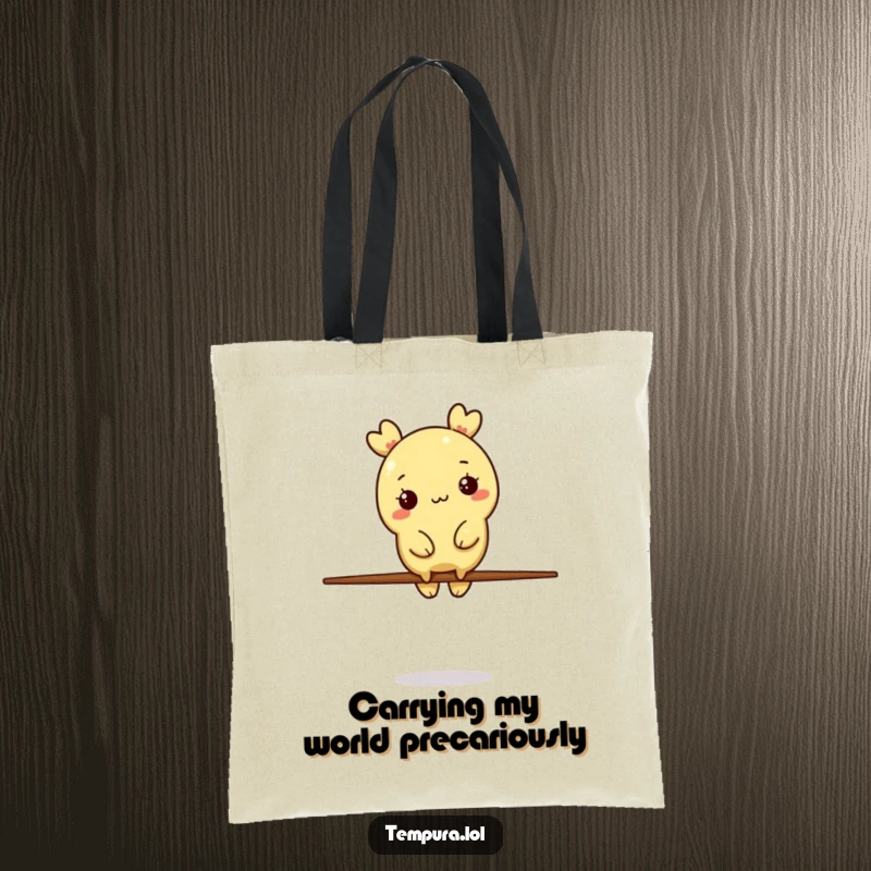 Funny Tempura Tote Bag: A tempura piece balances expertly on a chopstick, showcasing humorous culinary skill and style.