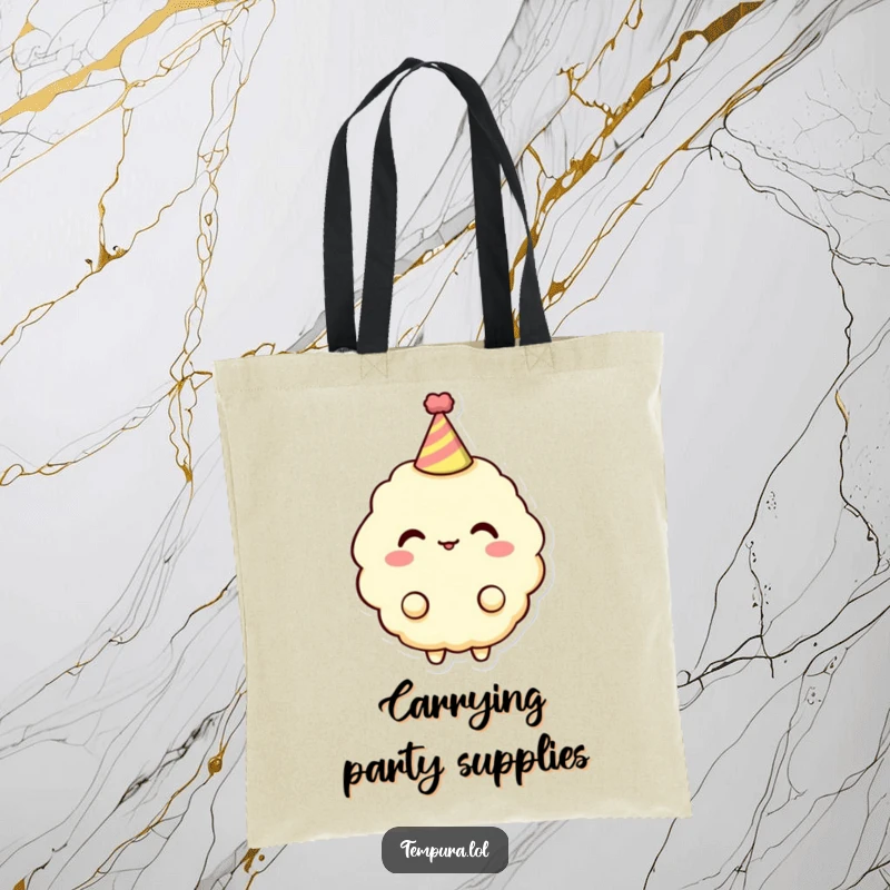 Funny Tempura Tote Bag: A tempura piece wears a small party hat, embodying humorous celebration and a festive spirit.
