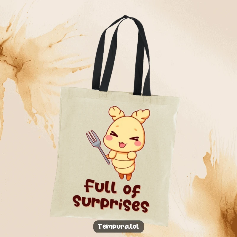 Funny Tempura Shrimp Mischief Tote Bag: A winking tempura shrimp with a tiny fork, showcasing a humorous design for carrying everyday items with flair.