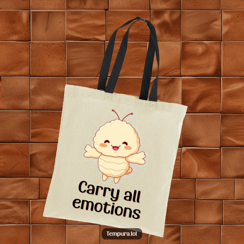 Funny Tempura Shrimp Tote Bag: A fluffy ebi character with arms wide for hugging, adding a cheerful and humorous touch to everyday carrying.