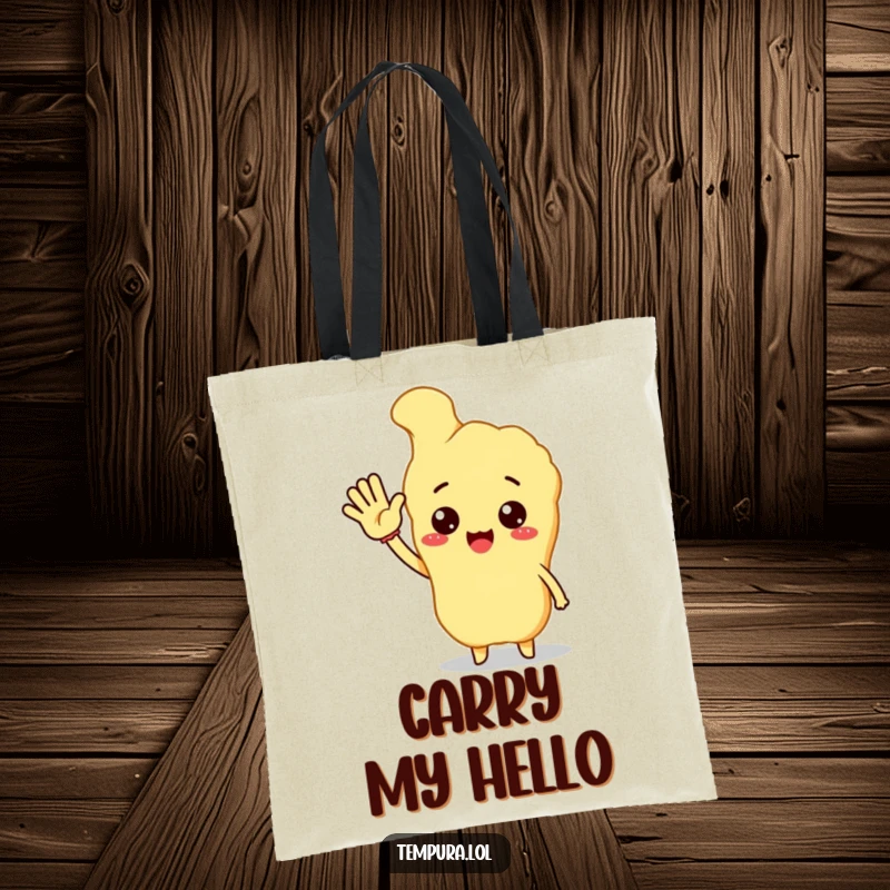 Funny tempura character joyfully waving hello, a cheerful and practical tote bag for everyday use.