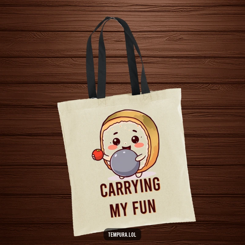 Funny Tote Bag with a happy Kawaii sushi roll character energetically bouncing a ball.