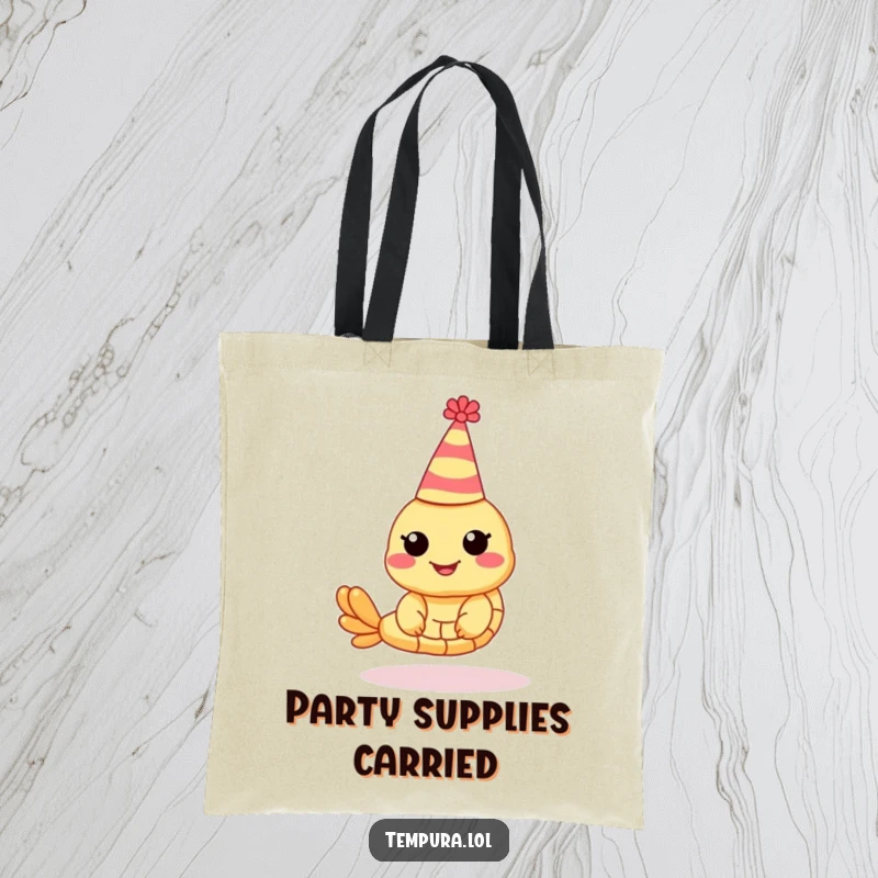 Funny Shrimp Tempura Tote Bag: A shrimp tempura character wearing a party hat, perfect for carrying festive items.