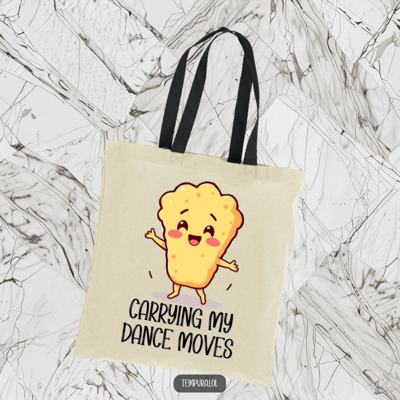 Funny Silly Dance Batter Tote Bag: A tempura batter character dances silly, perfect for carrying items with a touch of food-themed fun.