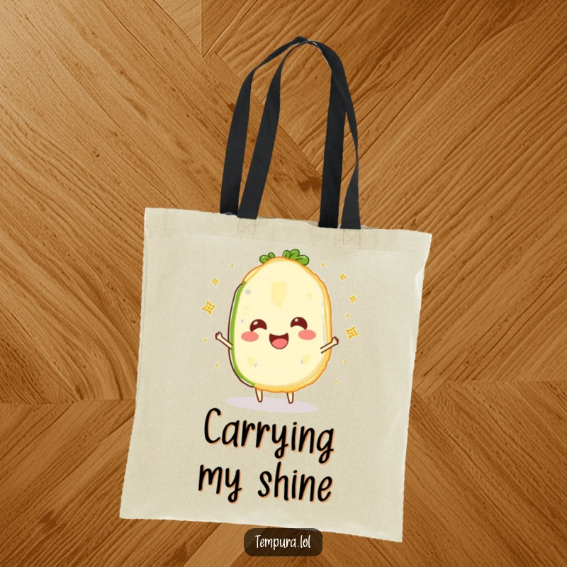 Funny Sparkling Veggie Slice Tote Bag: A happy tempura vegetable slice juggling sparkles, designed to add a touch of whimsical fun to everyday carrying.