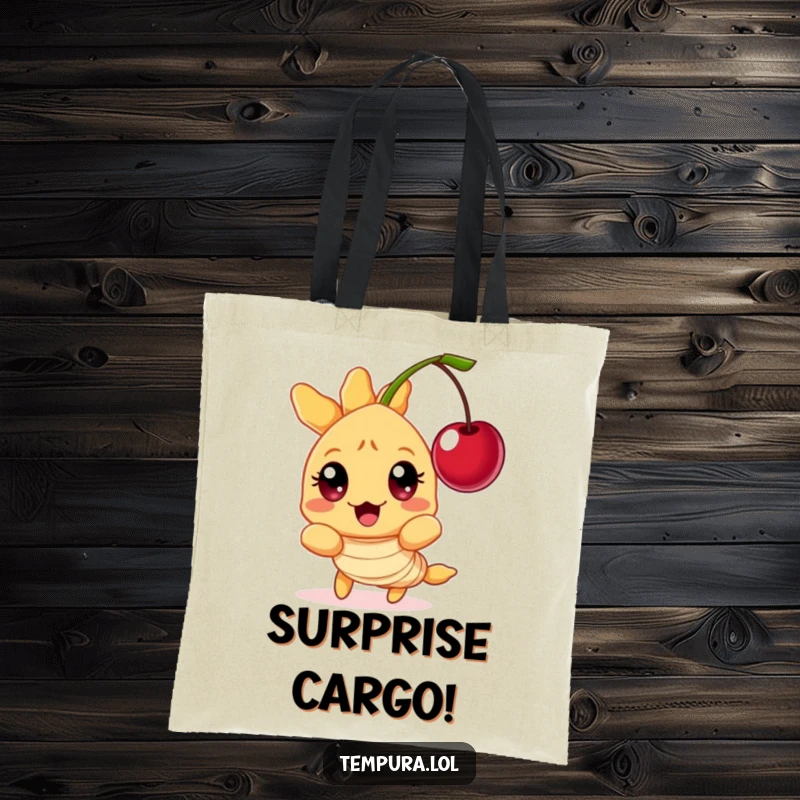 Funny Tempura Shrimp Tote Bag: A character with wide, surprised eyes reacting to a floating cherry, embodying humorous shock for daily use.
