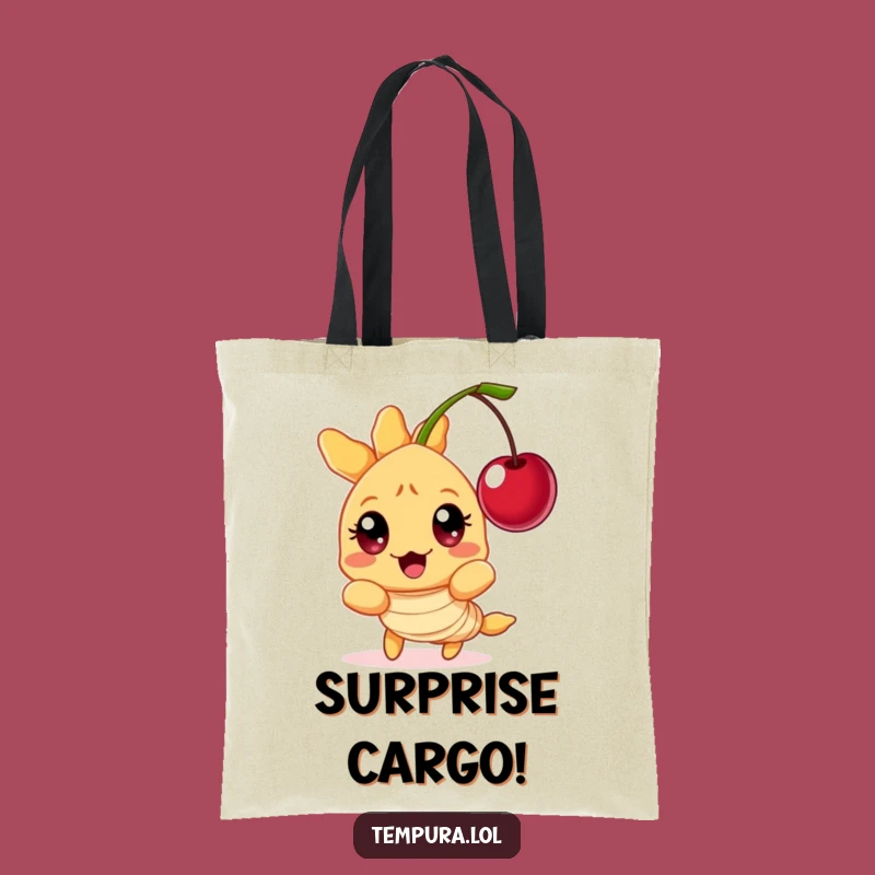Funny Surprise Tempura Shrimp Tote Bag: Wide-Eyed Reaction, Cherry Gag, Whimsical Funny Gift